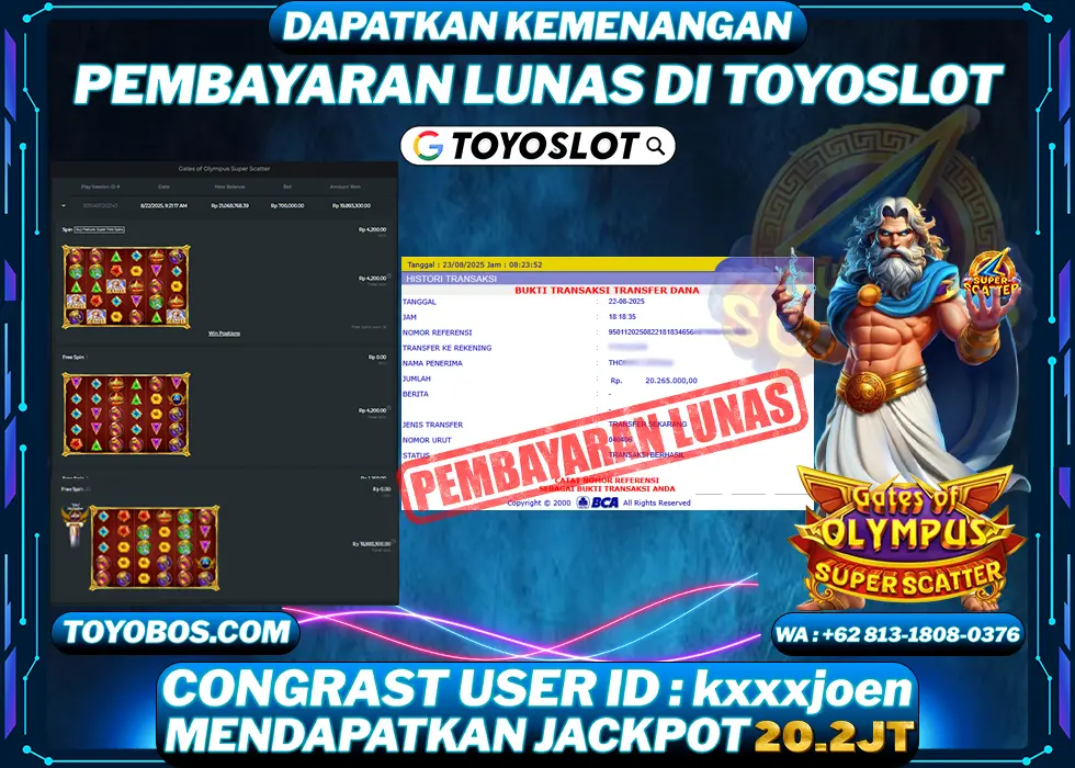 TOYOSLOT - BUKTI KEMENANGAN Gates Of Olympus Superscatter Rp20,265,000,- LUNAS